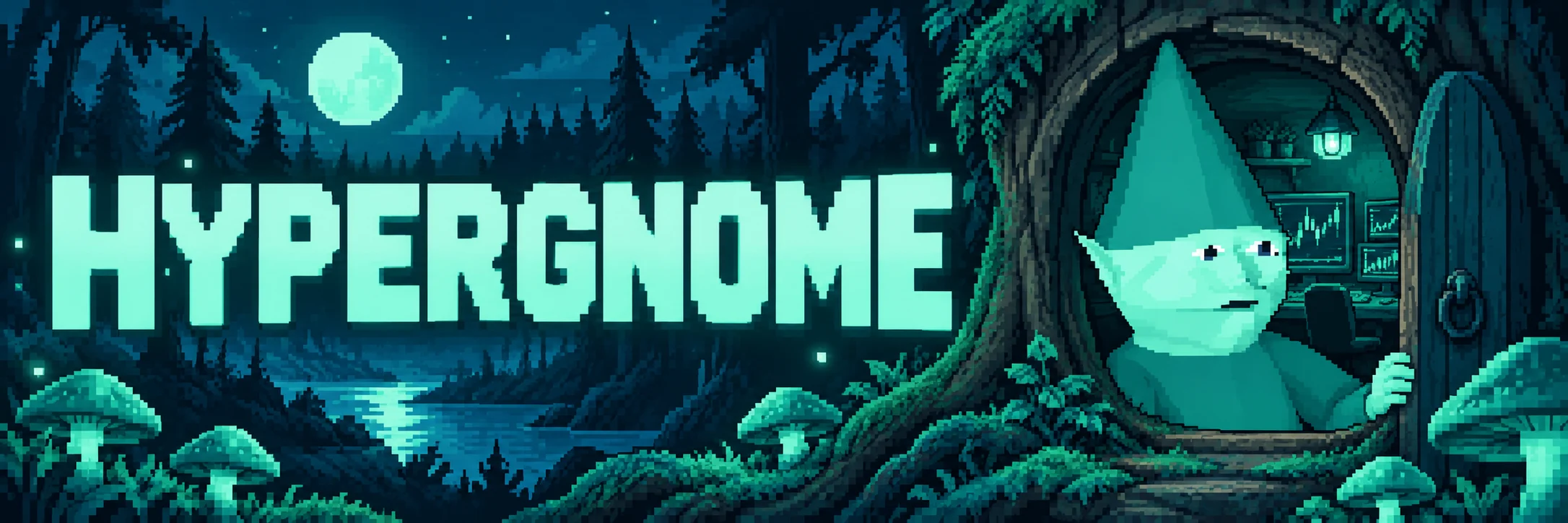 Hyper Gnome banner — moonlit pixel forest and the gnome in his tree door
